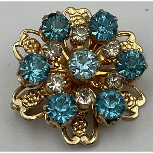 Vintage 50s Coro Floral Light Blue Clear Rhinestone Gold Tone Pin Brooch - Picture 1 of 3